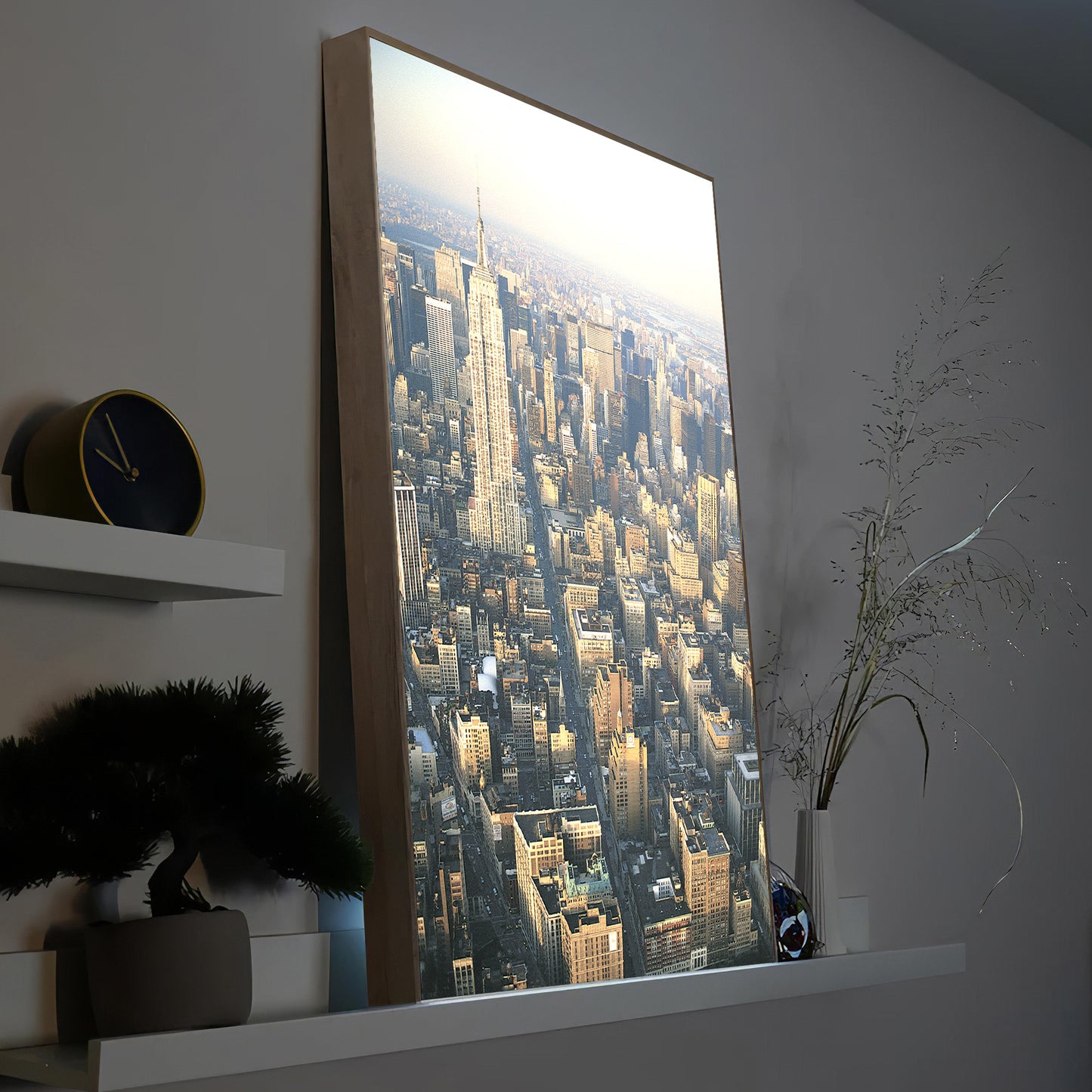 LED-Bild mit Holzrahmen, Skyline einer Stadt aus der Vogelperspektive