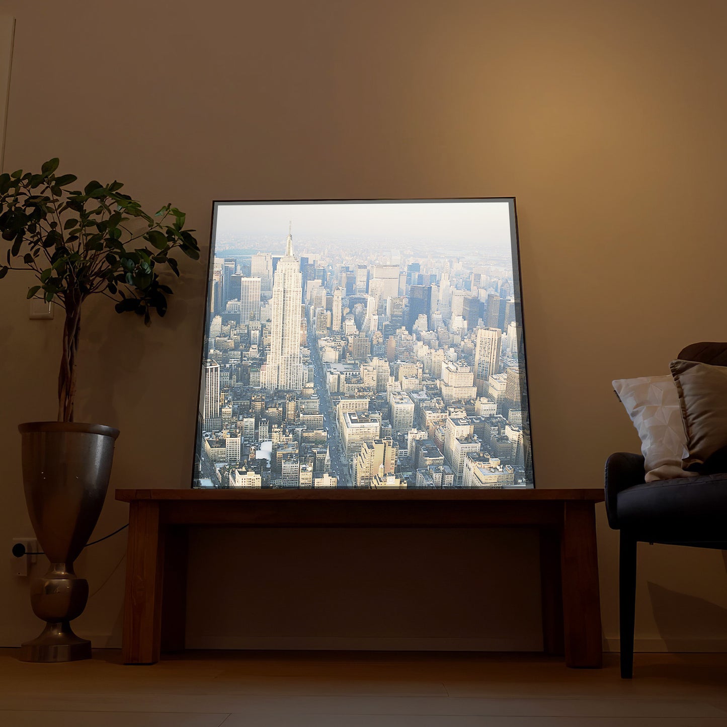 LED-Bild mit Rahmen, Vogelperspektive auf eine Stadt-Skyline