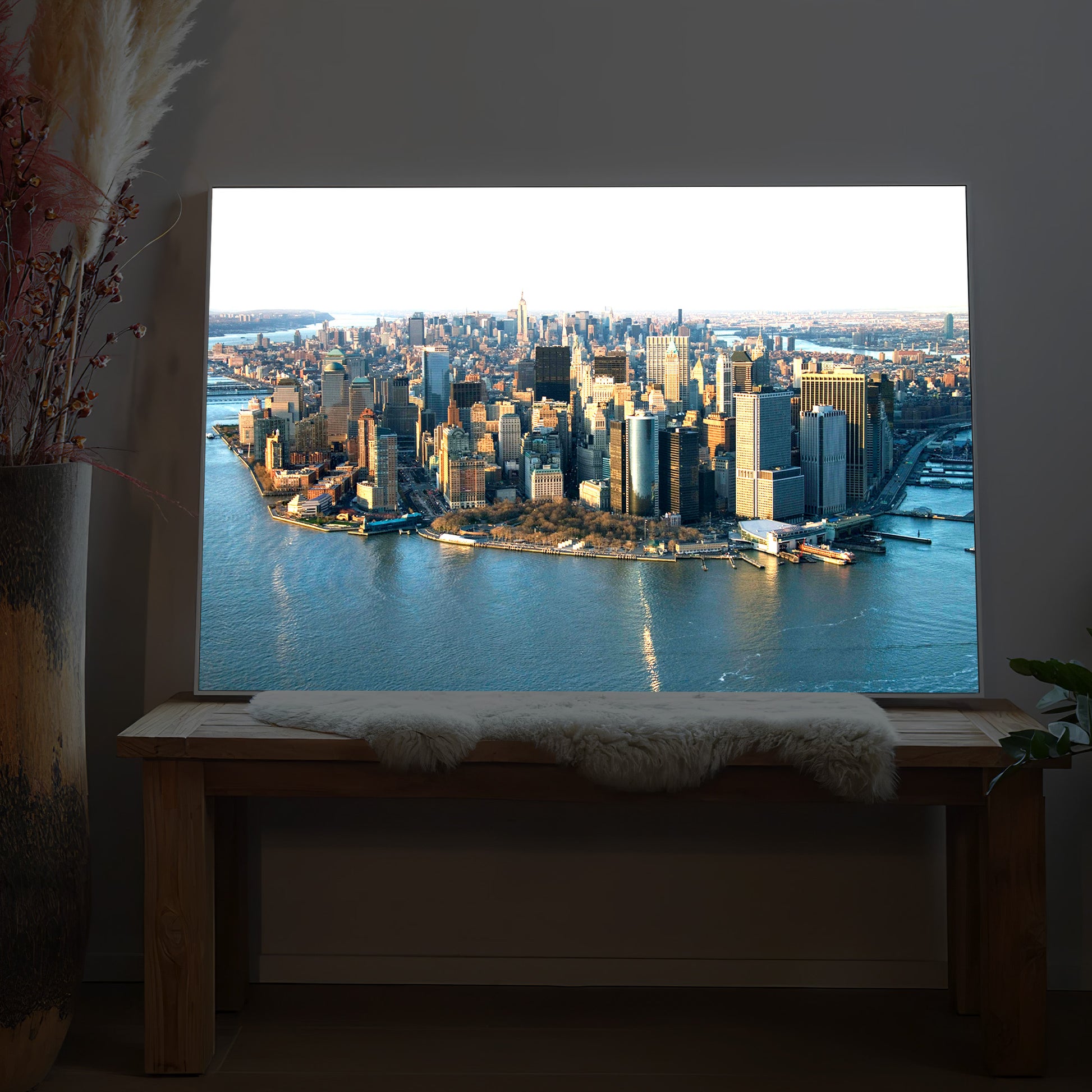 LED-Bild mit New-York-Skyline und Fluss, rechteckig, im weißen Rahmen
