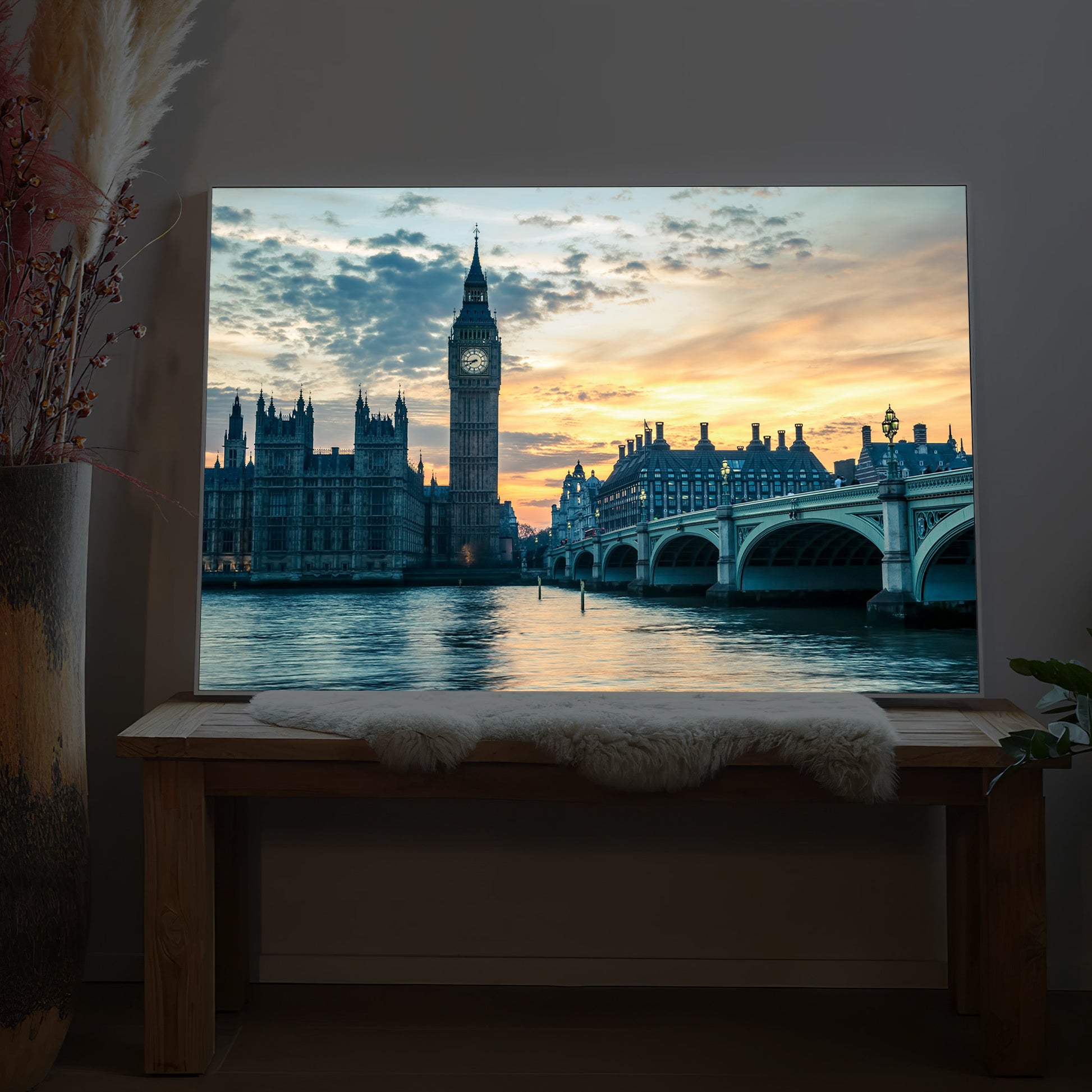 Gerahmtes LED-Bild mit Big Ben und Themse, rechteckig, heller Rahmen