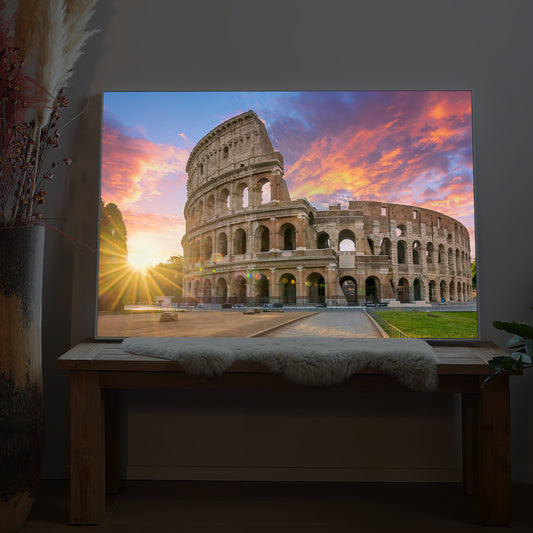 Gerahmtes LED-Bild des Kolosseums in Rom mit Sonnenaufgangsmotiv