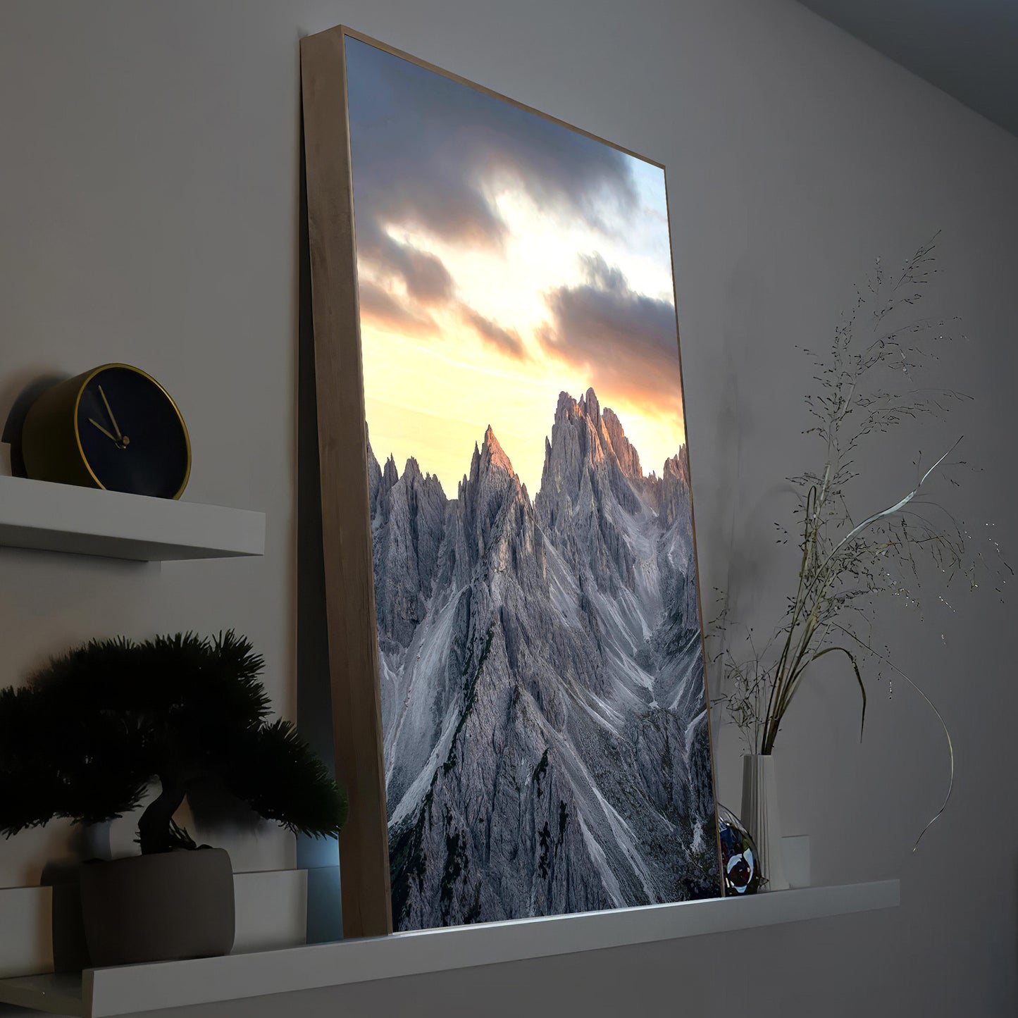 LED-Bild mit Alpenmotiv, Holzrahmen, warmes Sonnenuntergangslicht