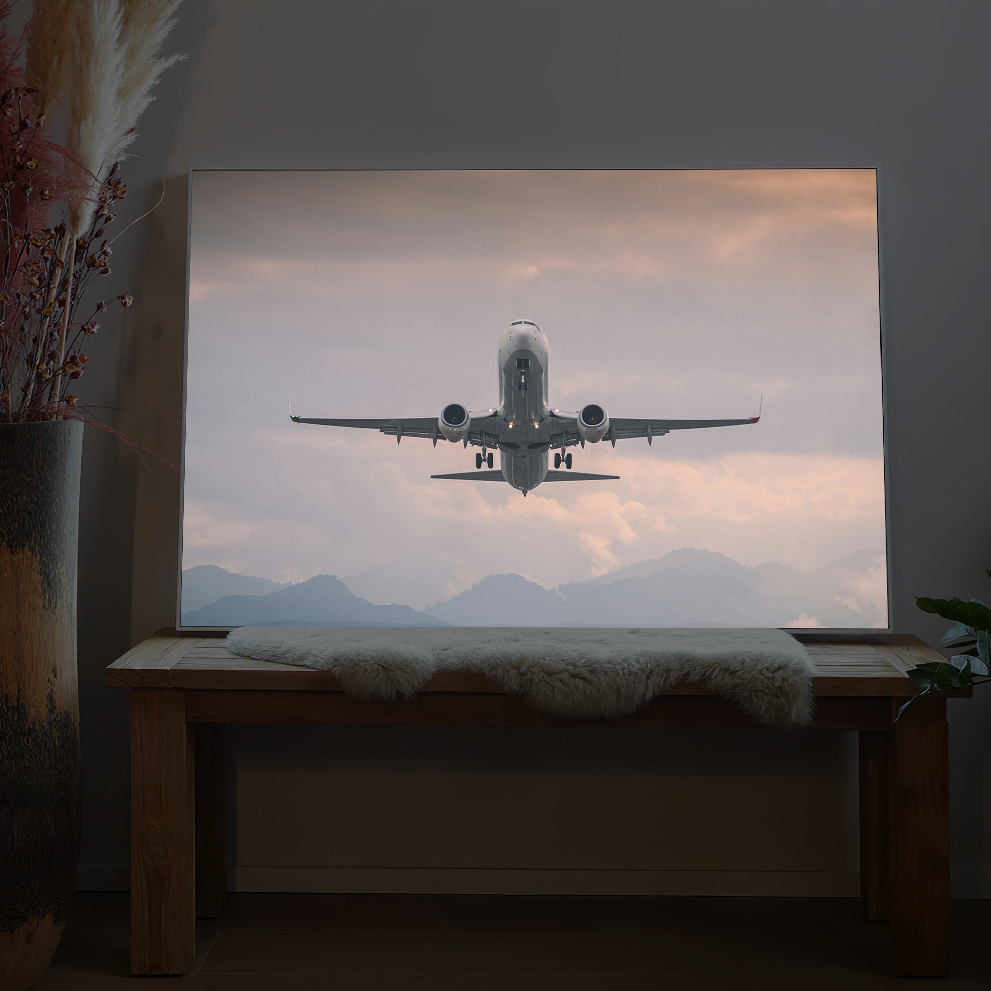 LED-Bild mit startendem Flugzeug im Flug, im Rahmen