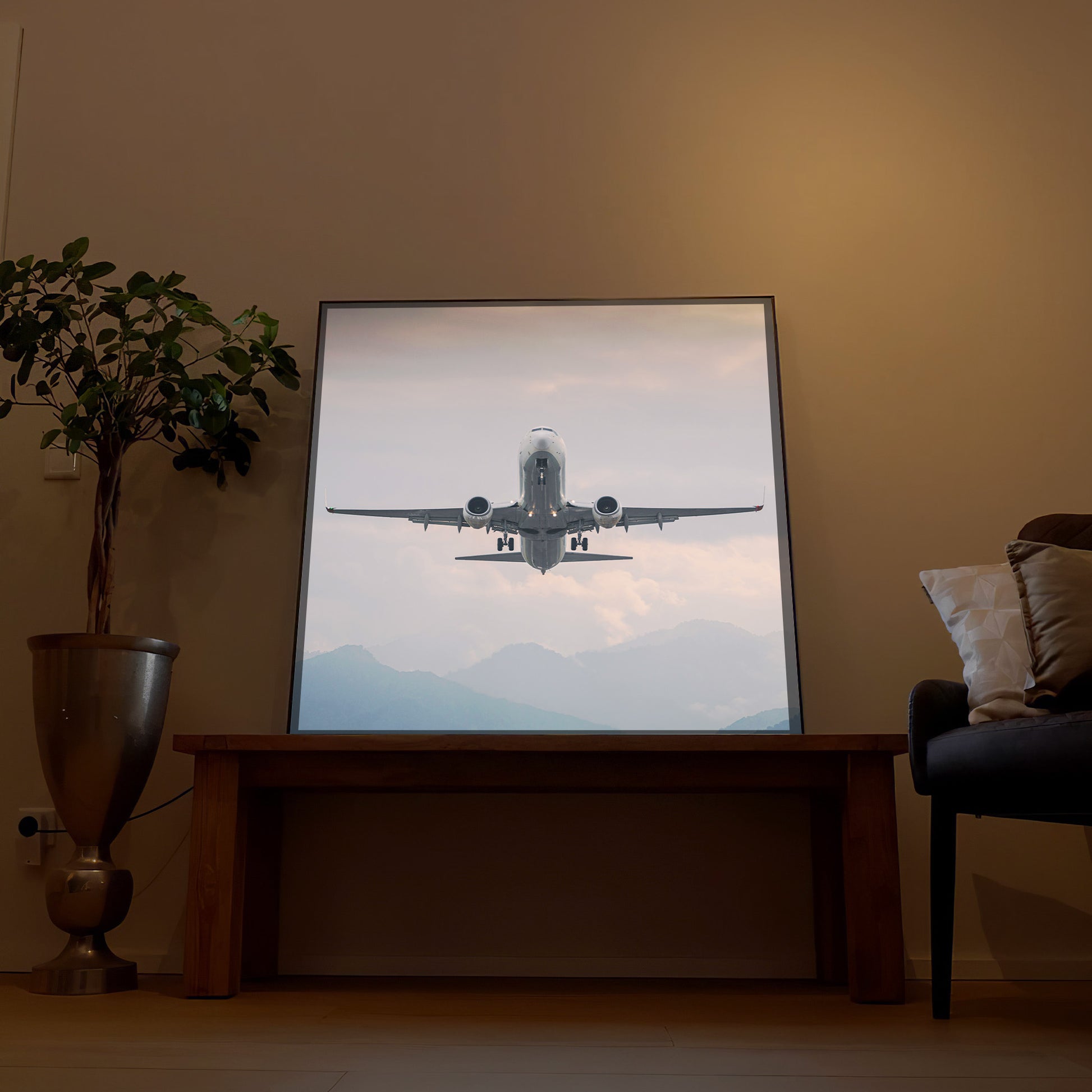 LED-Bild mit Flugzeug im Flug, gerahmtes Motiv