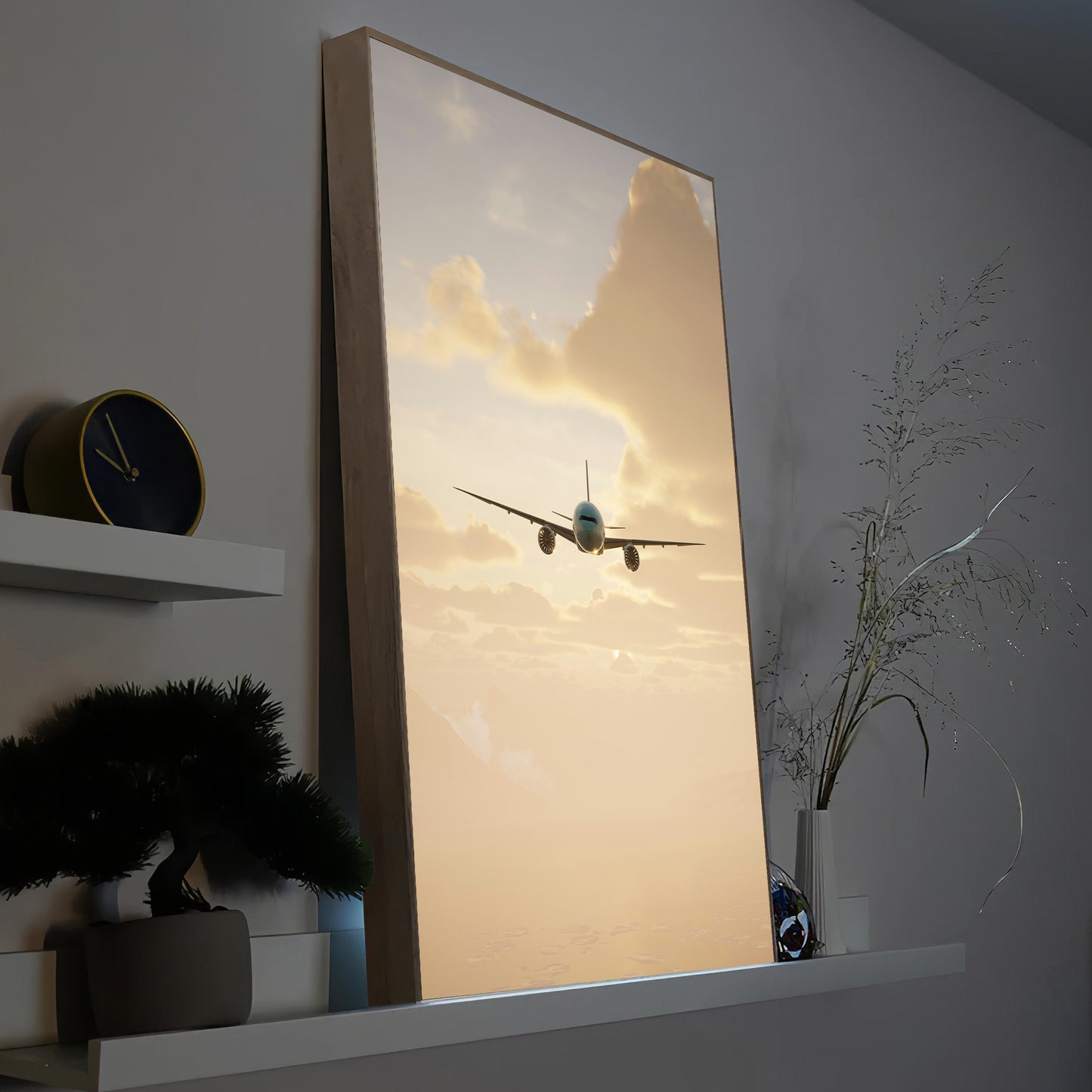 Gerahmtes LED-Bild mit Airbus A350 im Flug, Seitenansicht über Wolken, Holzrahmen