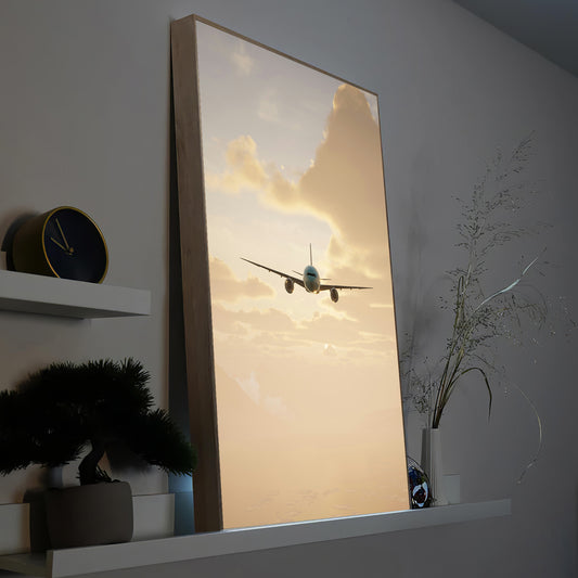 Gerahmtes LED-Bild mit Airbus A350 im Flug, Seitenansicht über Wolken, Holzrahmen