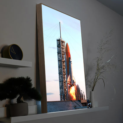 LED-Bild: Space Shuttle beim Start im Holzrahmen, Rakete mit Flammenschweif