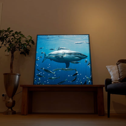 LED-Bild mit Haifisch im blauen Meer im stehenden rechteckigen Rahmen