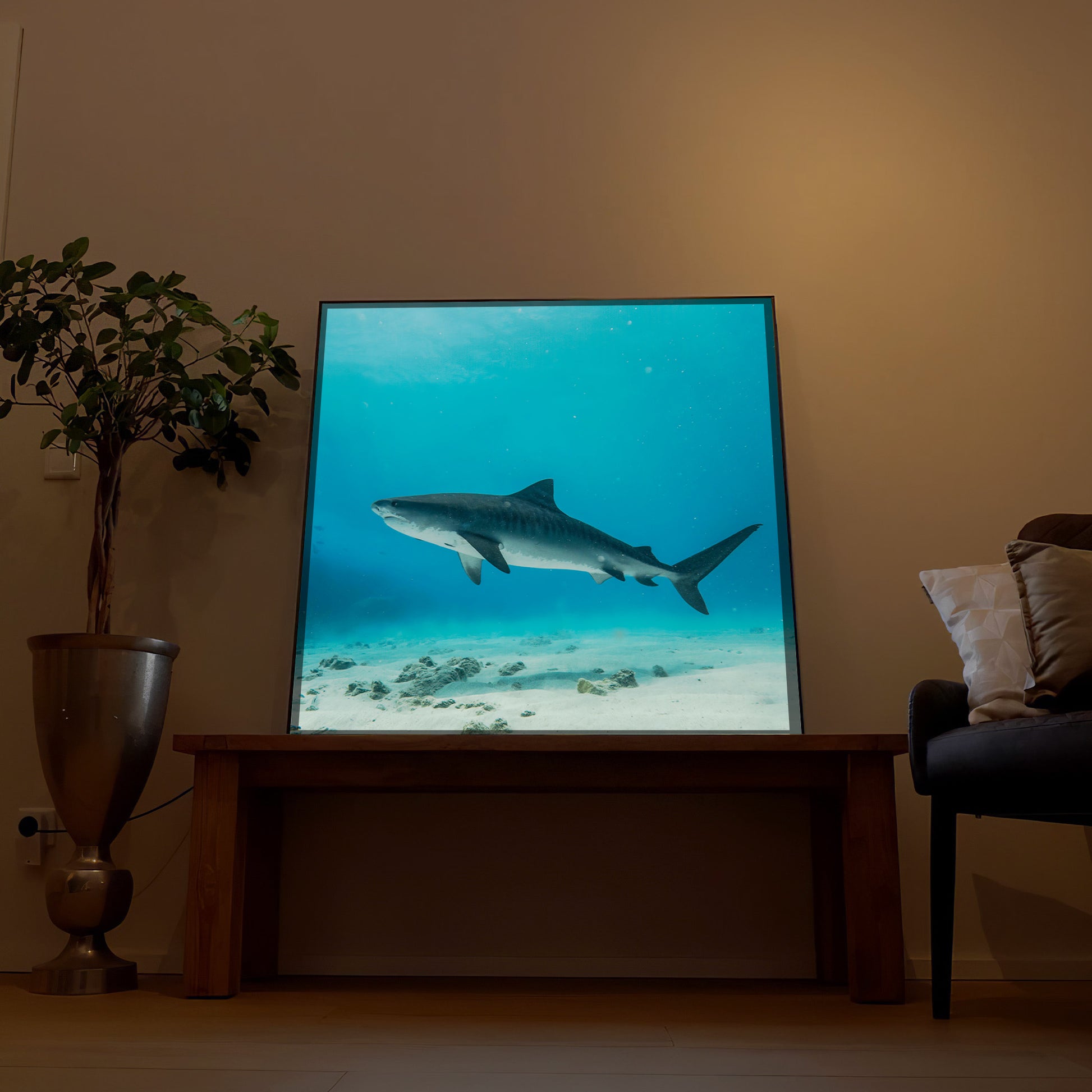 LED-Bild mit Hai im blauen Meer, rechteckiger Rahmen