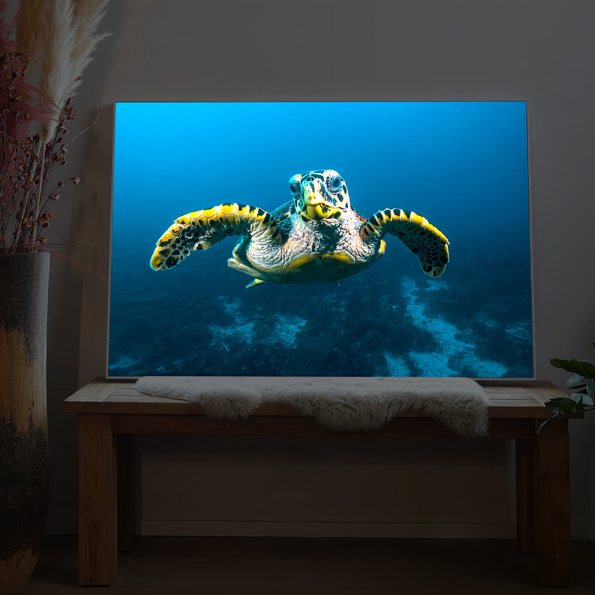 Gerahmtes LED-Bild mit Schildkröte im Riff auf blauem Meeresmotiv