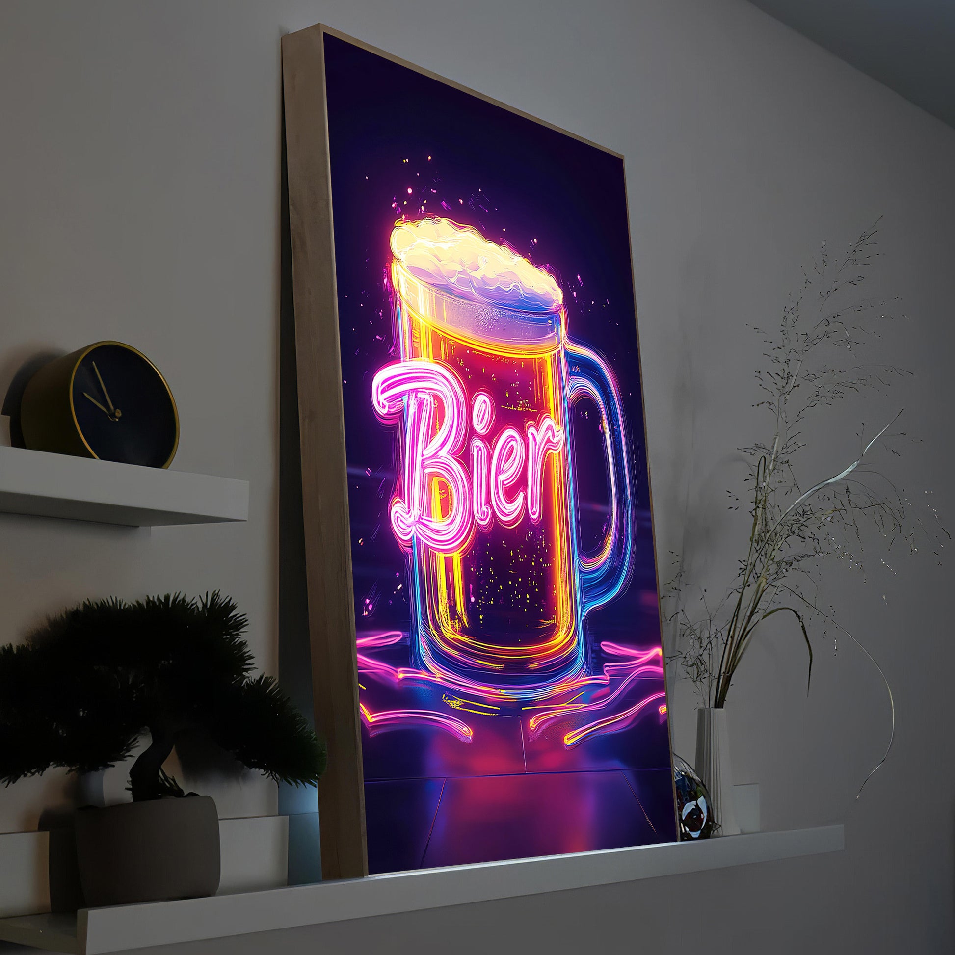 LED-Bild mit Neon-Bierglas im Holzrahmen, Leuchtschrift „Bier“