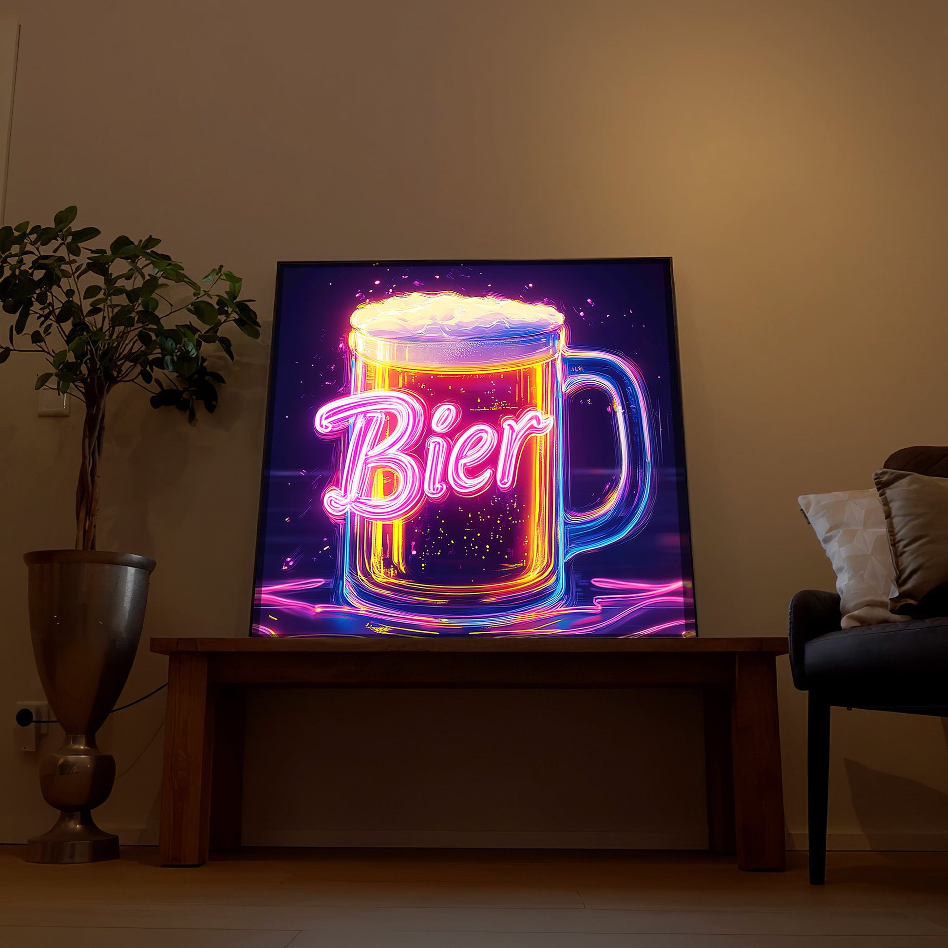 LED-Bild mit Neon-Bierglas, Leuchtschrift „Bier“ im Rahmen