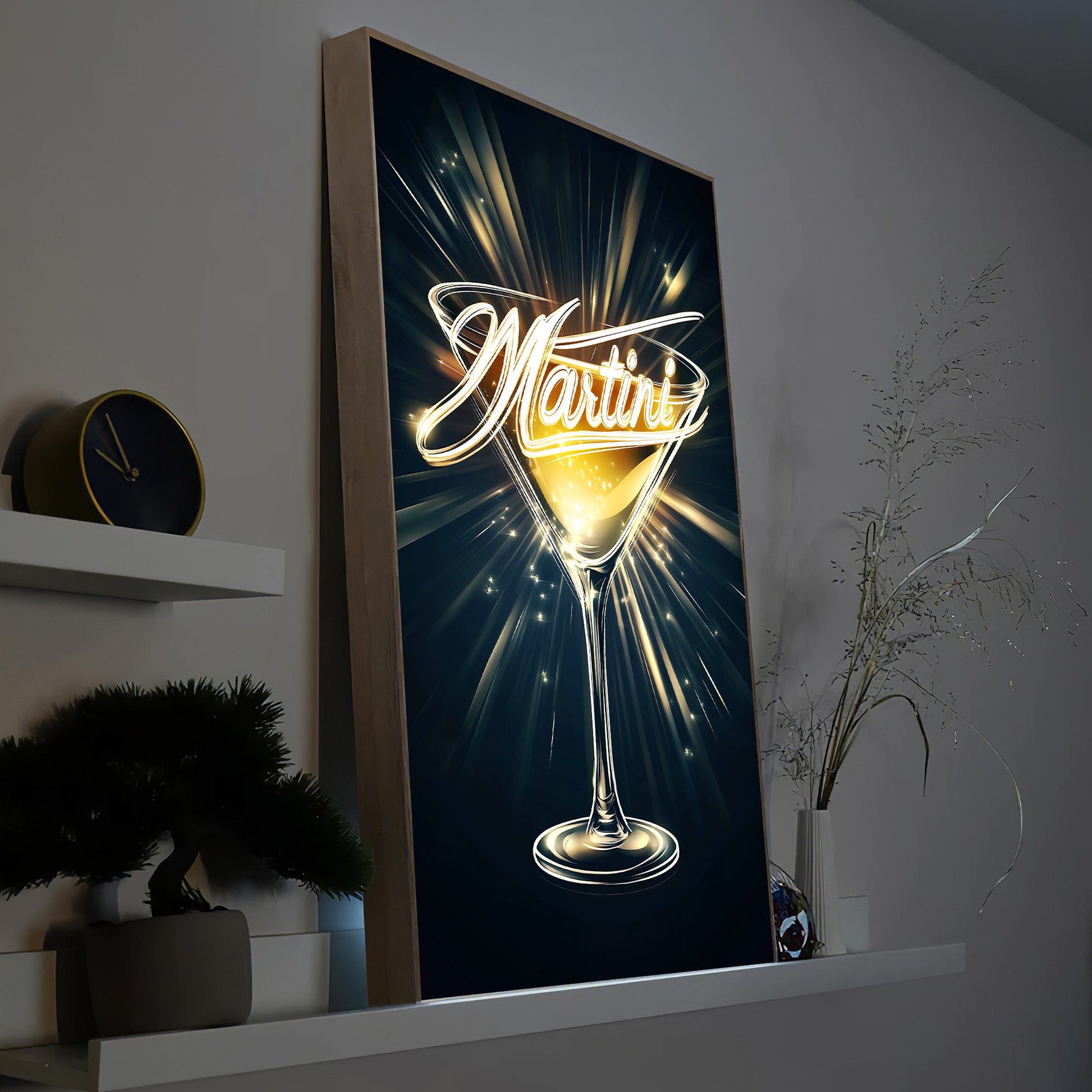 Martini-LED-Bild im Holzrahmen mit leuchtendem Martini-Glas