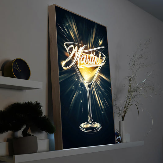 Martini-LED-Bild im Holzrahmen mit leuchtendem Martini-Glas