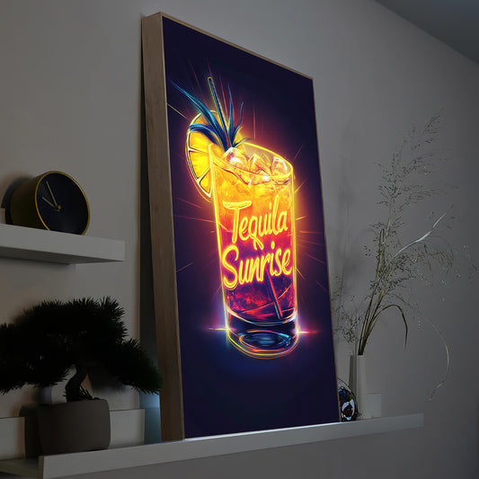 LED-Bild mit Tequila-Sunrise Cocktailmotiv, gelb-orangem Neon, im Holzrahmen