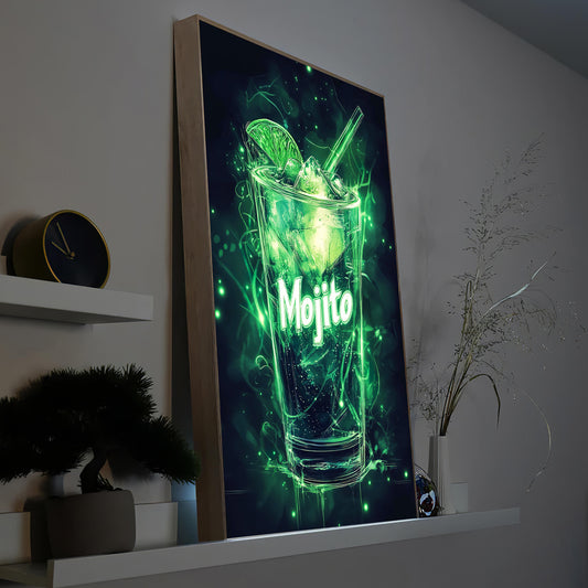 LED-Bild mit grünem Mojito-Neon-Cocktail-Motiv im Holzrahmen