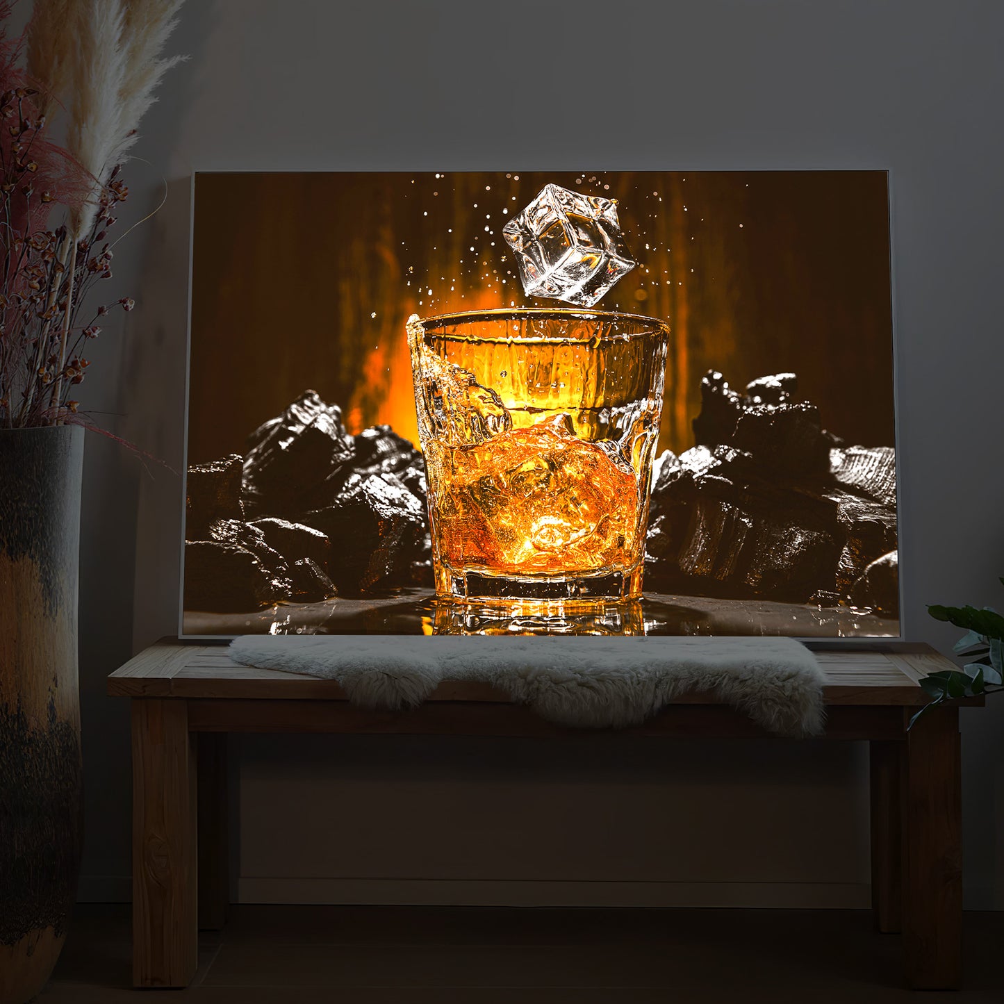 Whisky-Glas-LED-Bild mit Eiswürfeln, leuchtend amberfarben
