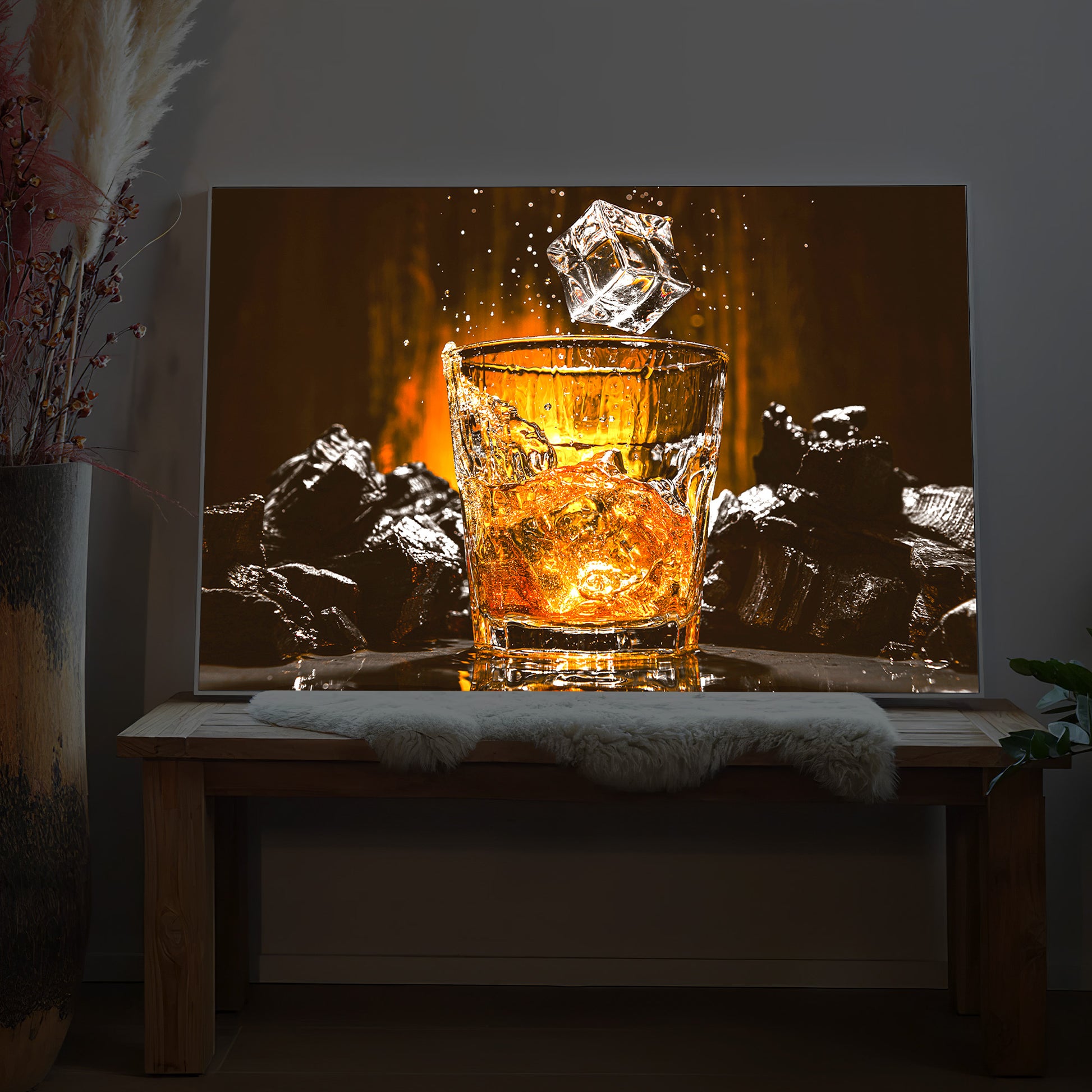 Whisky-Glas-LED-Bild mit Eiswürfeln, leuchtend amberfarben