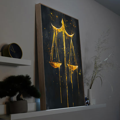 Gerahmtes LED-Bild mit goldenen Waage-Elementen auf dunklem Hintergrund, Holzrahmen