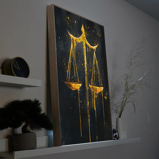 Gerahmtes LED-Bild mit goldenen Waage-Elementen auf dunklem Hintergrund, Holzrahmen