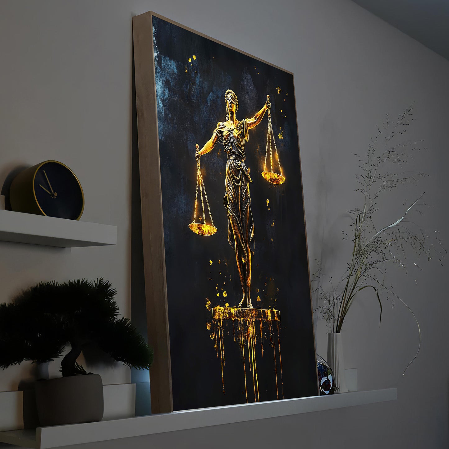 LED-Bild mit goldener Justitia-Figur und dunklem Hintergrund im Holzrahmen