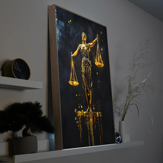 LED-Bild mit goldener Justitia-Figur und dunklem Hintergrund im Holzrahmen