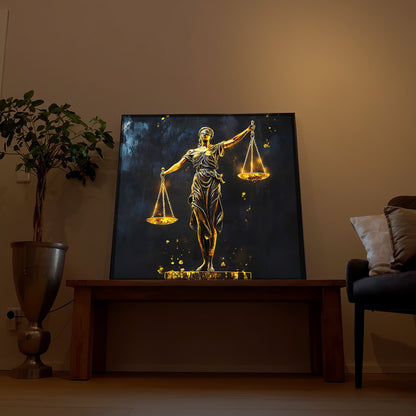 LED-Bild mit goldener Justitia-Figur und dunklem Hintergrund im schwarzen Rahmen