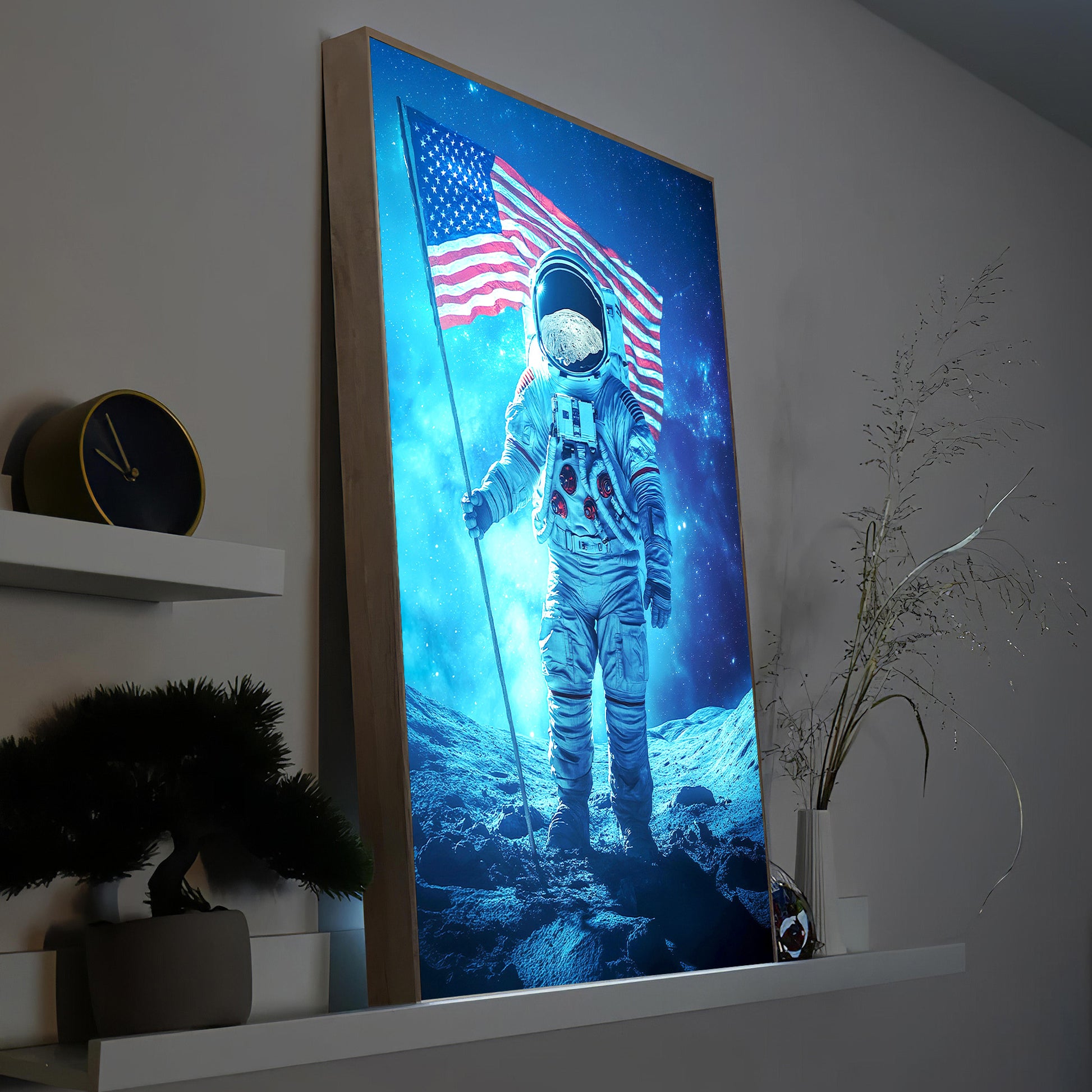 LED-Bild mit Astronaut auf dem Mond, US-Flagge, mit Holzrahmen