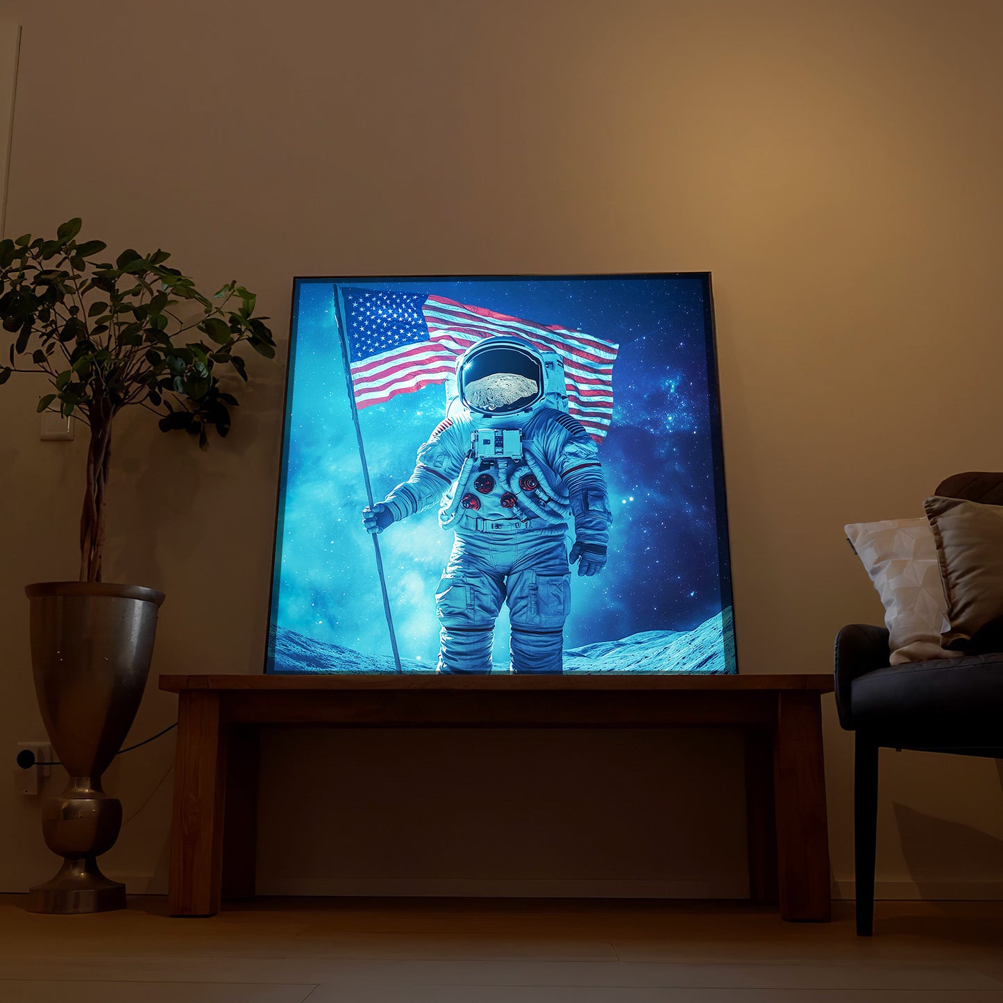 LED-Bild: Astronaut auf dem Mond mit US-Flagge, im dunklen Rahmen