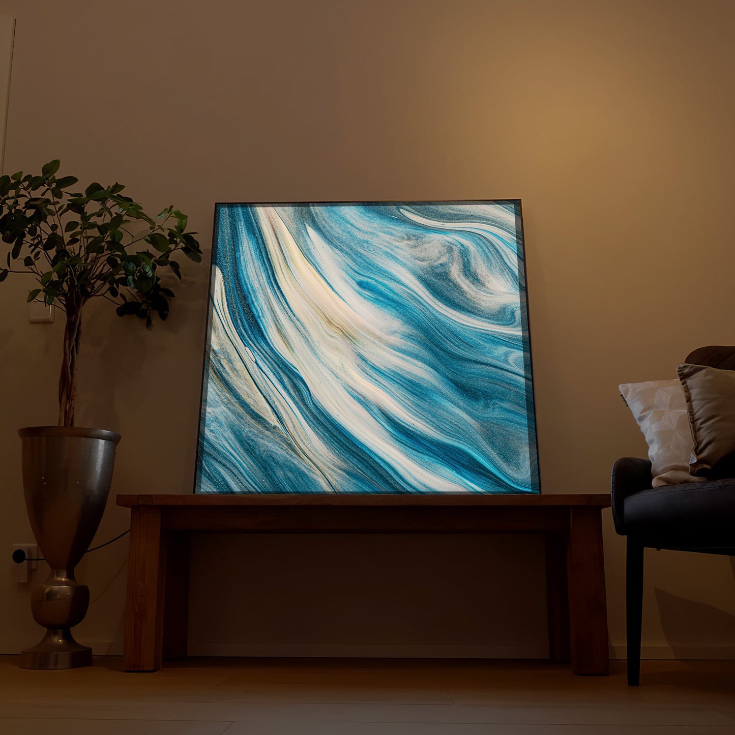 Gerahmtes LED-Bild mit blauen Wellen, dunkler Rahmen