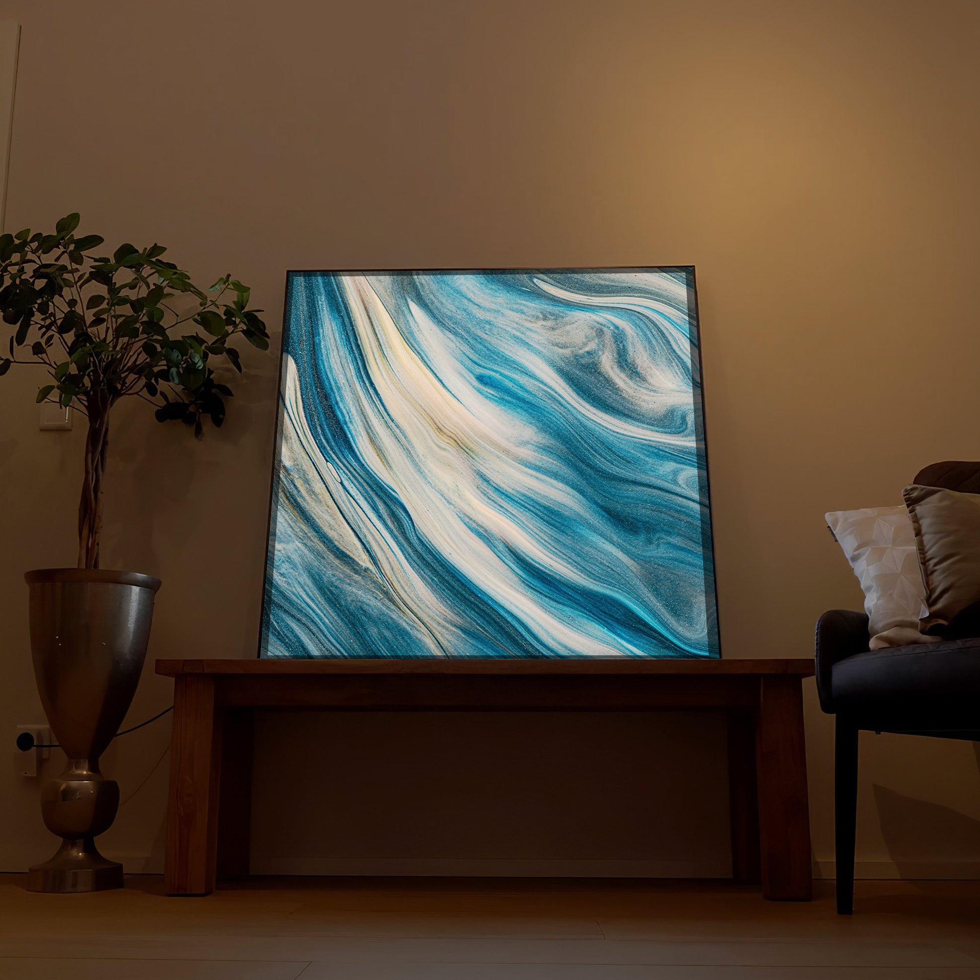 Gerahmtes LED-Bild mit blauen Wellen, dunkler Rahmen