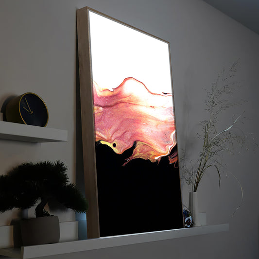 LED-Bild mit Holzrahmen, abstrakte Farbfläche in Rot und Pink.