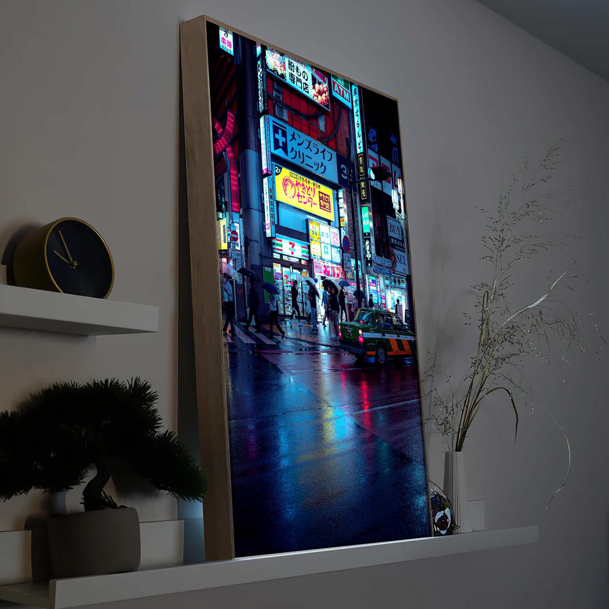 LED-Bild „Japan bei Nacht“ mit Rahmen, leuchtende Neon-Straßenszene