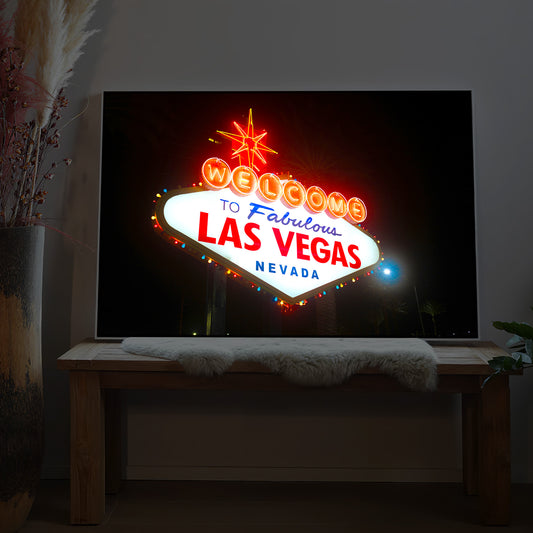 LED-Bild mit Rahmen, leuchtender Neon-Aufschrift „Las Vegas“ und „Welcome to Fabulous“