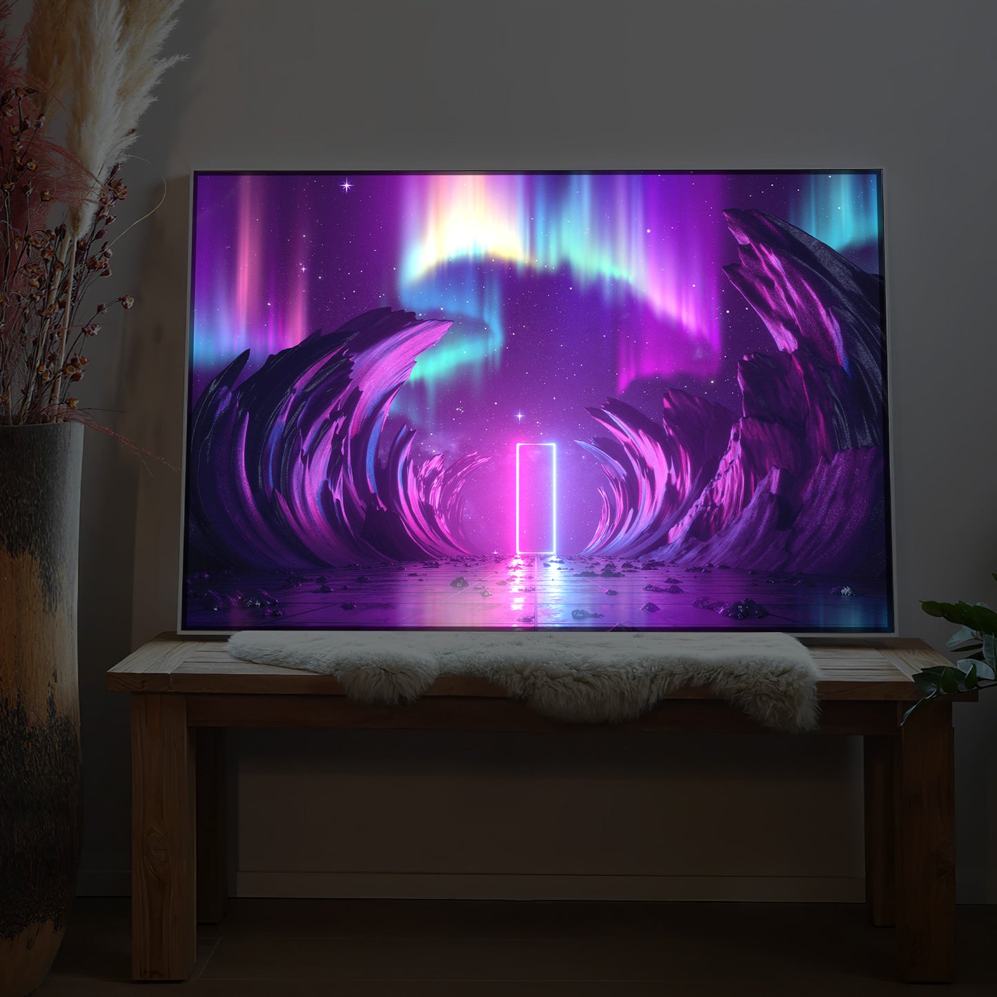 LED-Bild mit schwarzem Rahmen, neonfarbenes abstraktes Wellen-Motiv