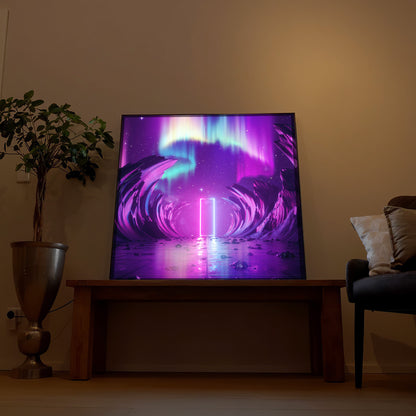 LED-Bild mit schwarzem Rahmen, neon-pinkes Portal und lila Wellen