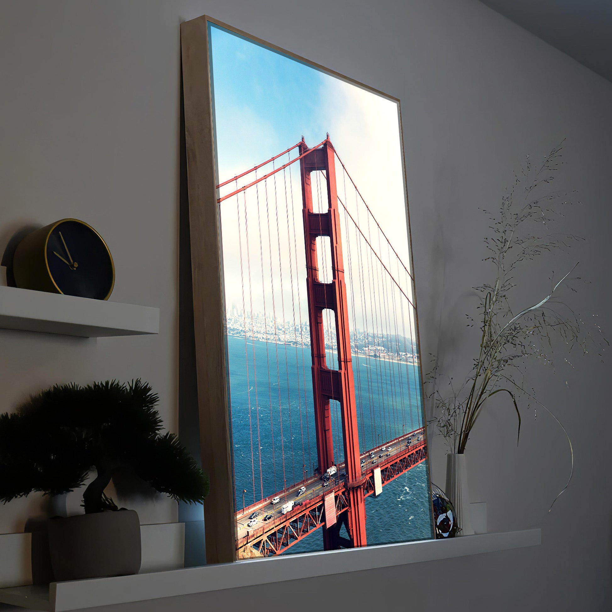 LED-Bild mit Motiv der Golden Gate Bridge, Holzrahmen