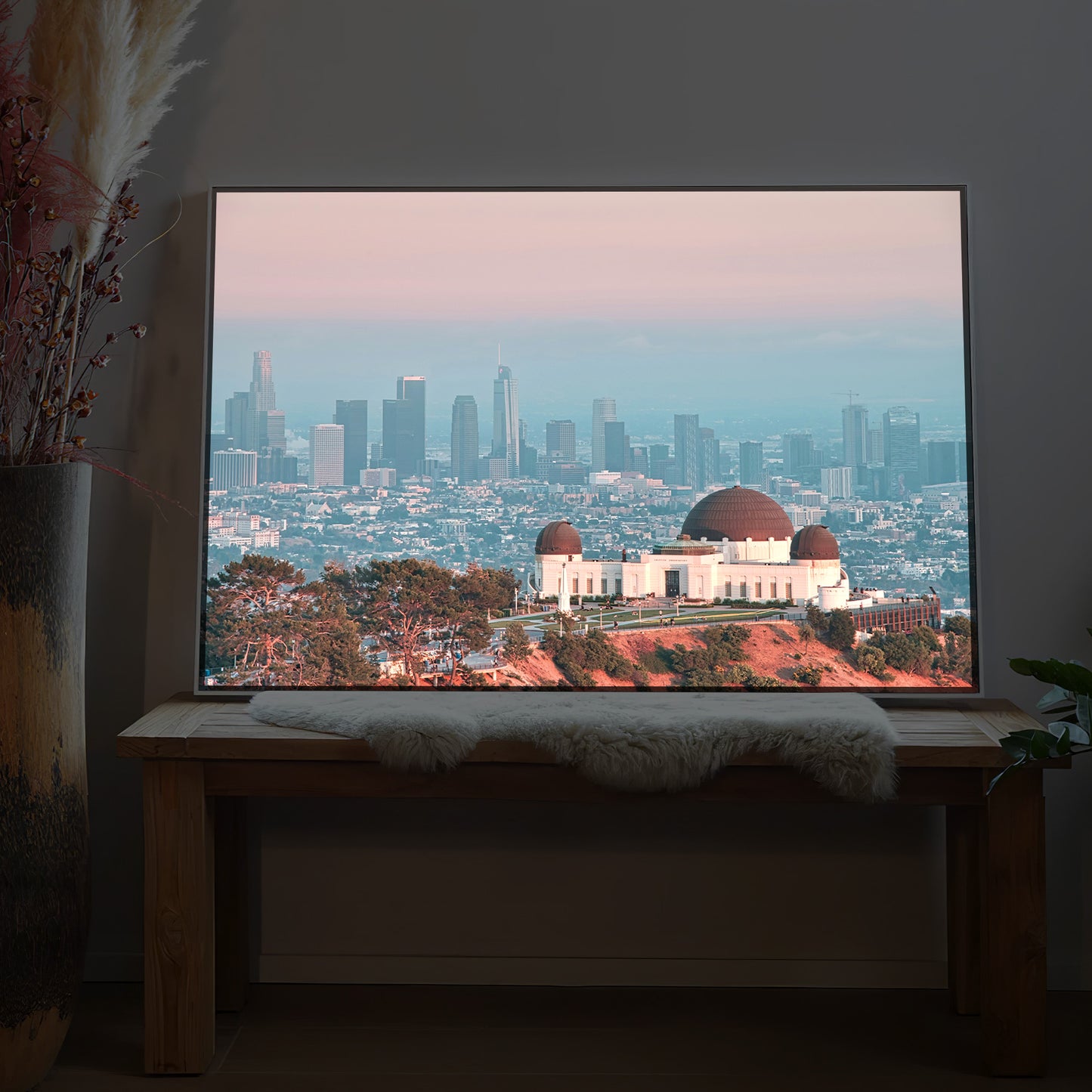 Griffith Observatorium Los Angeles Bild mit dunklem Rahmen, Panorama der Stadt mit Kuppelbauten
