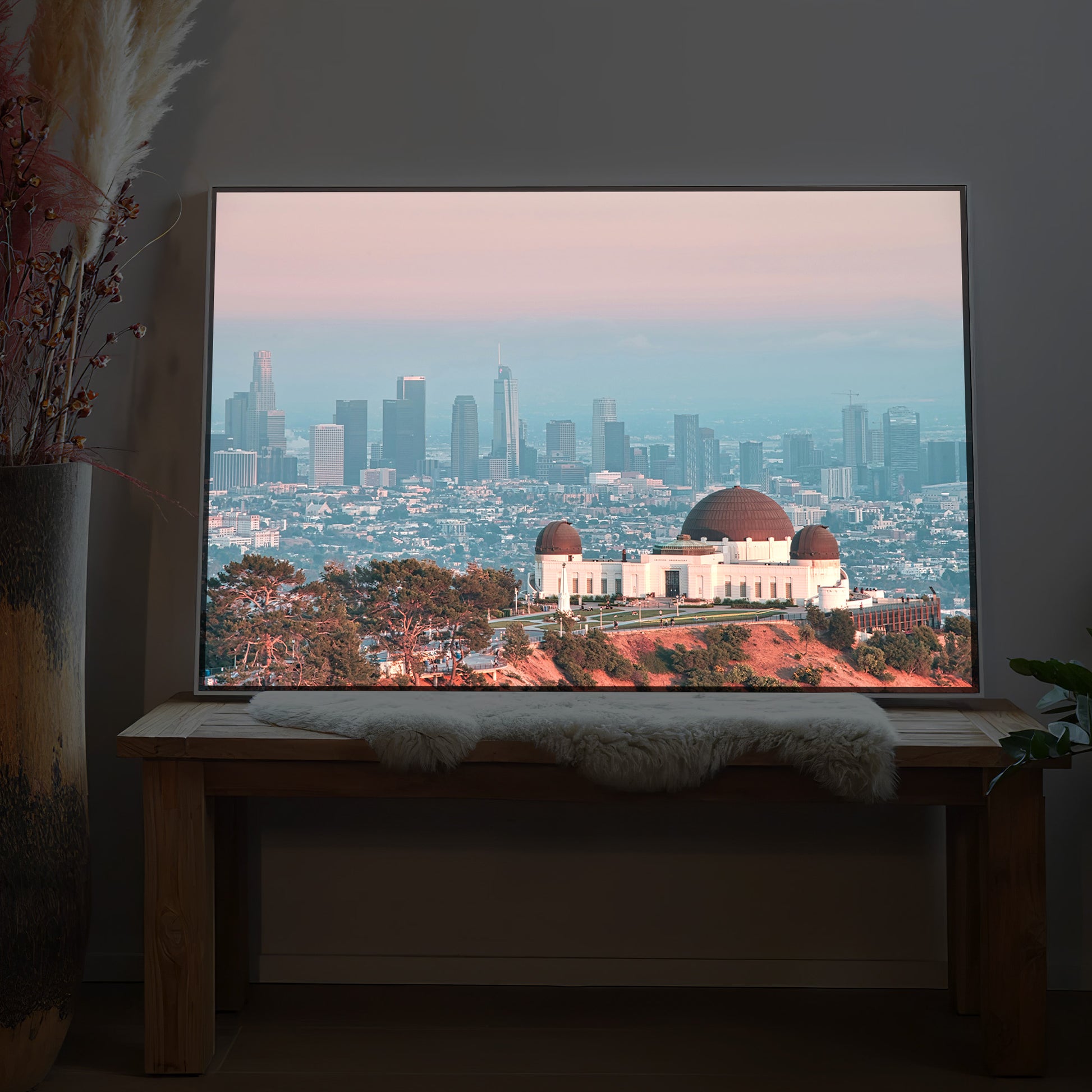 Griffith Observatorium Los Angeles Bild mit dunklem Rahmen, Panorama der Stadt mit Kuppelbauten