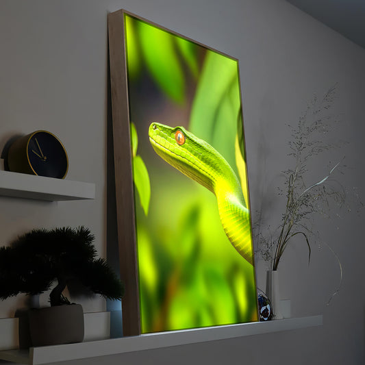 Beleuchtetes LED-Bild mit grüner Schlange im Holzrahmen