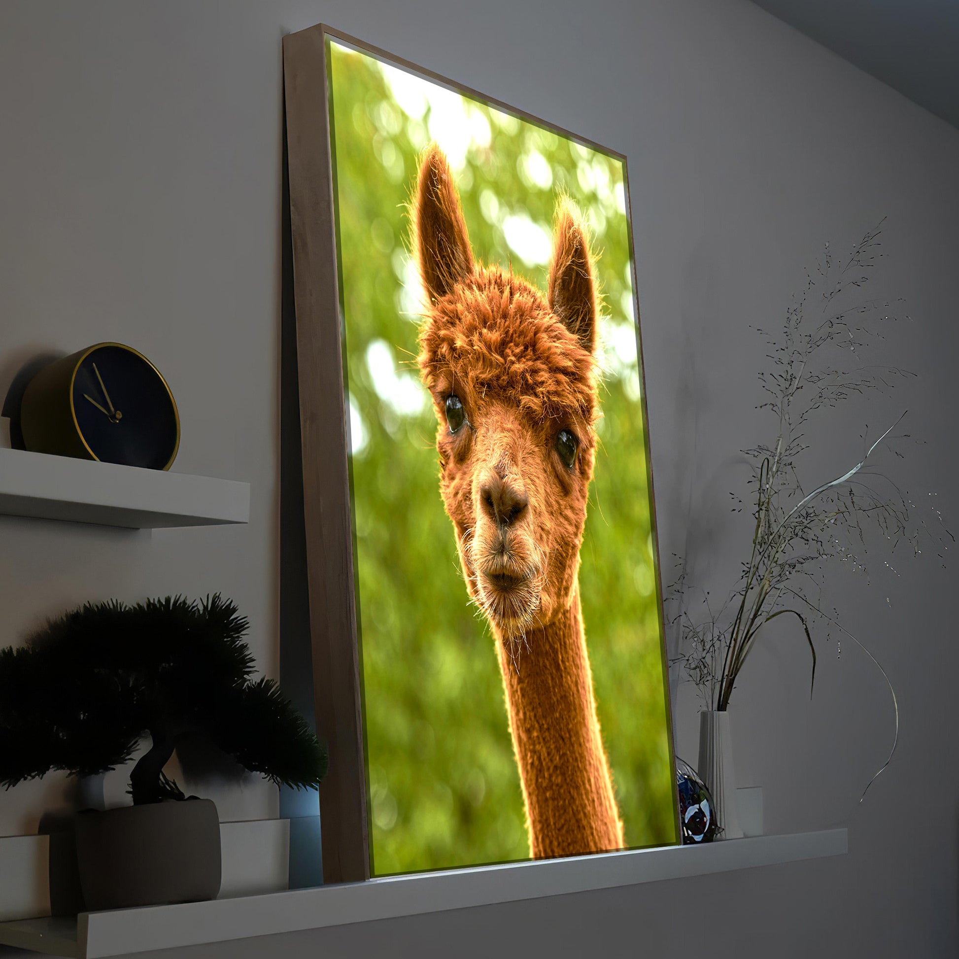 LED-Bild im Holzrahmen mit Porträt eines braunen Hundes
