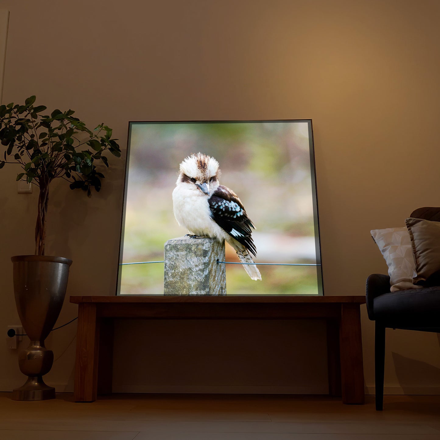 LED-Bild mit Vogel auf Ast im Holzrahmen, LED-beleuchtetes Motiv