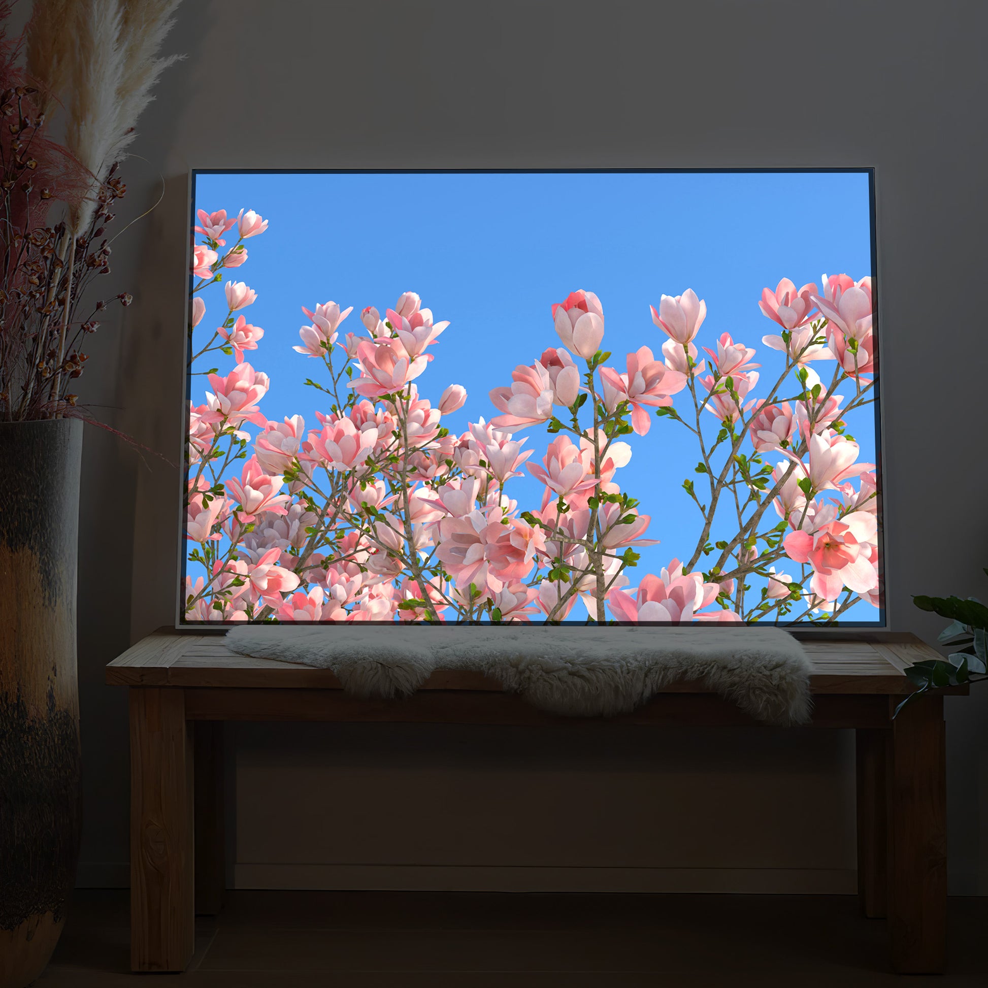 LED-Bild mit rosa blühendem Baummotiv und schwarzem Rahmen