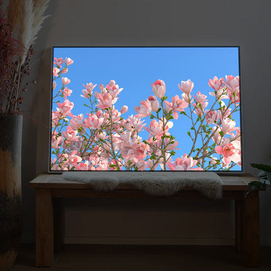 LED-Bild mit rosa blühendem Baummotiv und schwarzem Rahmen