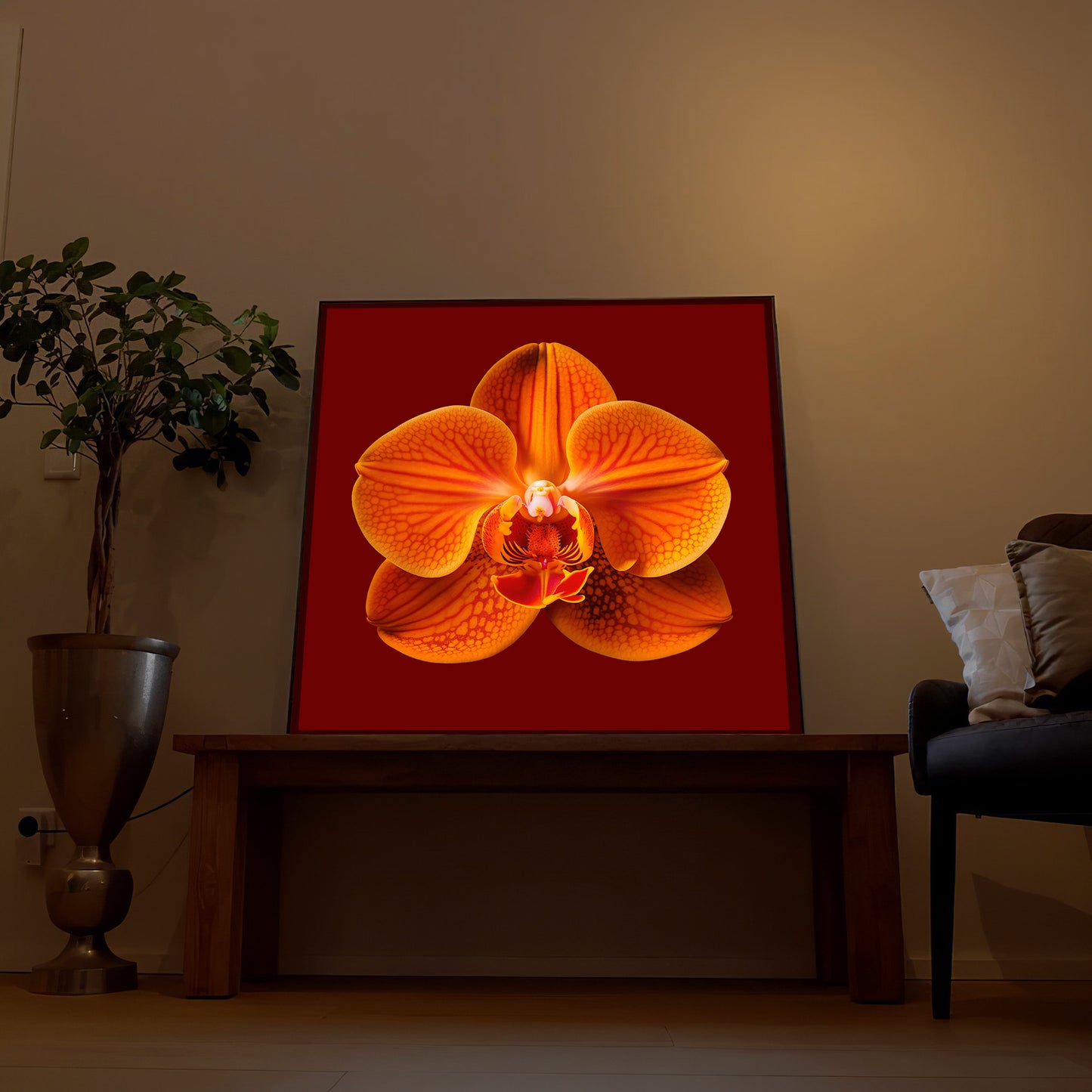 Gerahmtes LED-Bild: orange Orchideenblüte im roten Motivfeld