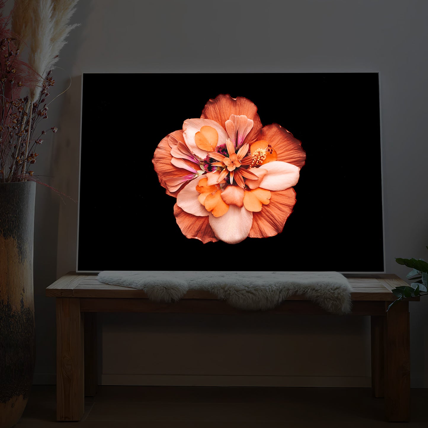 LED-Bild mit großer Pfingstrose in Orange, Rosa und Lila vor schwarzem Hintergrund