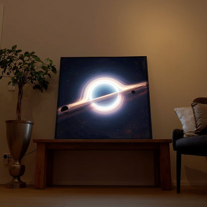 LED-Bild mit schwarzem Rahmen: Allmotiv mit leuchtendem Ring und Flugbahn