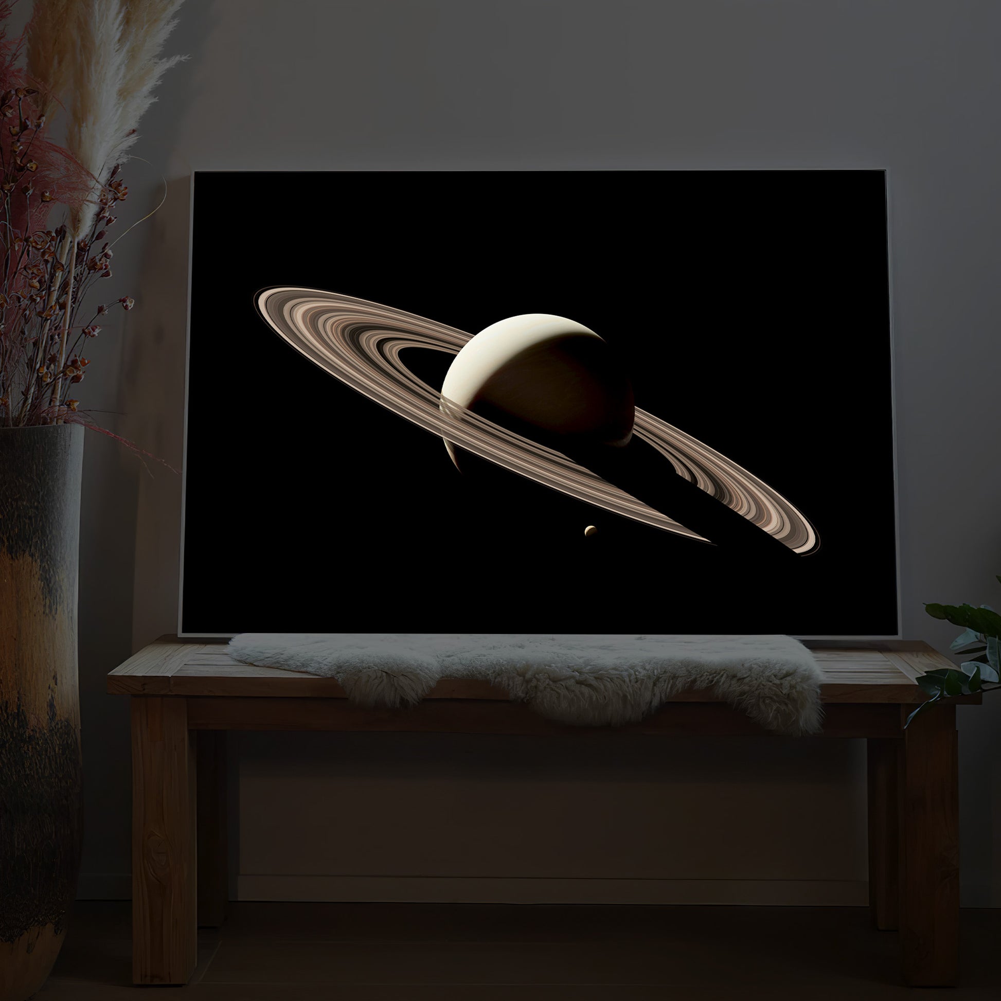 Saturn-Planeten-LED-Bild mit leuchtendem Saturn und Ring auf schwarzem Hintergrund