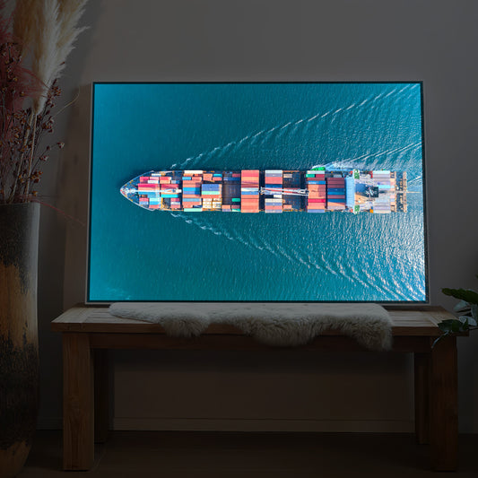 LED-Bild mit Containerschiff von oben, leuchtende Wasser- und Hafenszene