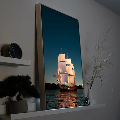Gerahmtes LED-Bild: Segelschiff auf dem Meer bei Nacht, Holzrahmen